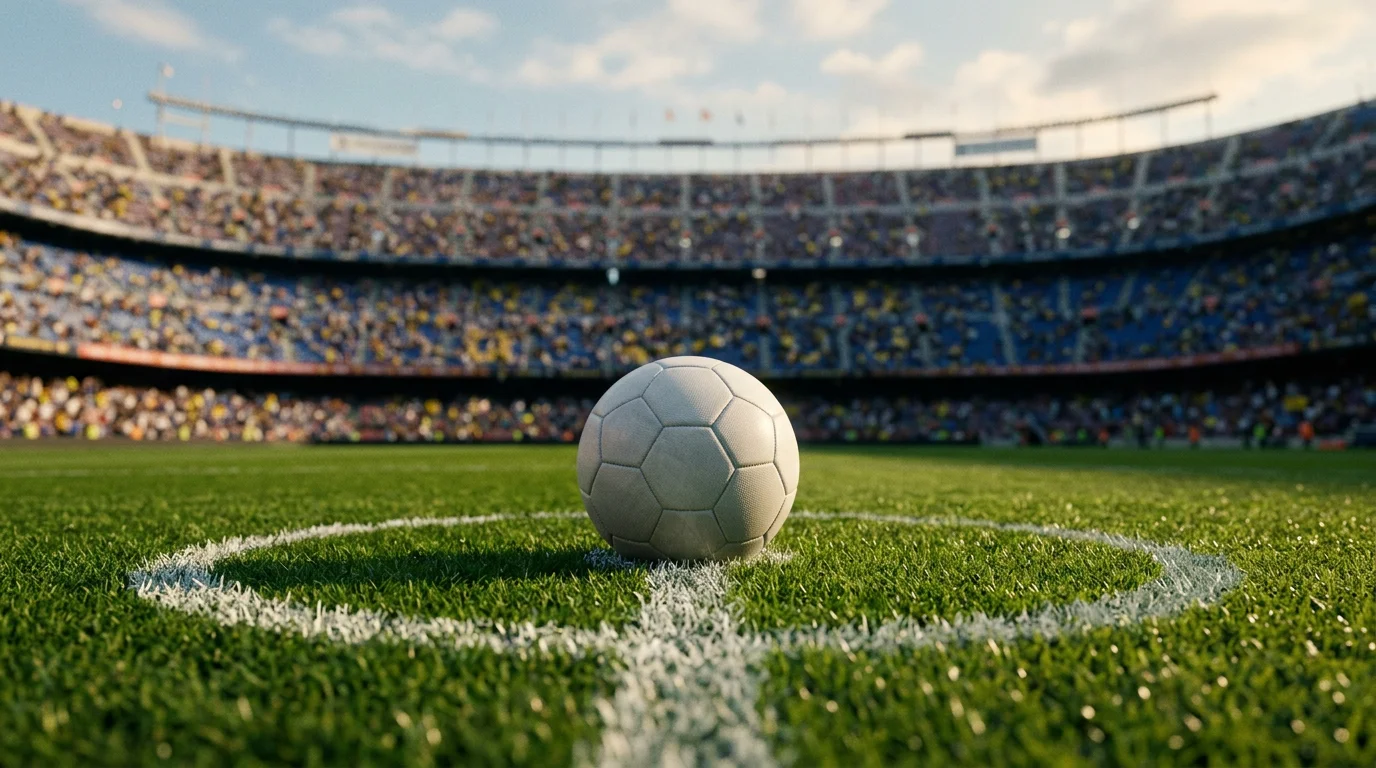 Balón de fútbol sobre el césped de un estadio español con la línea central pintada, contexto de jornada de LaLiga 2025/26